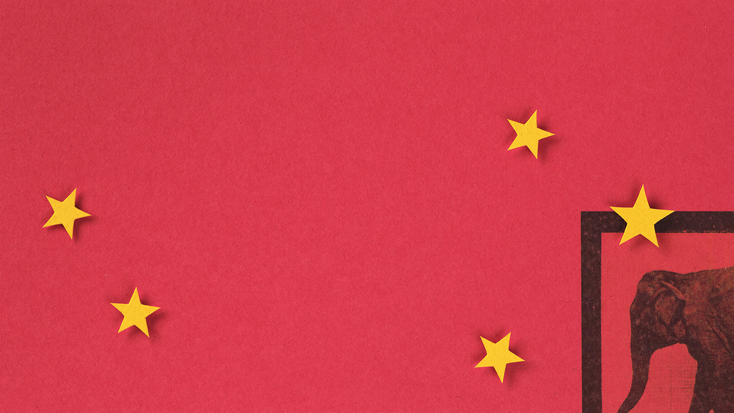 An elephant on a red background with five yellow stars over it, suggesting the Chinese flag