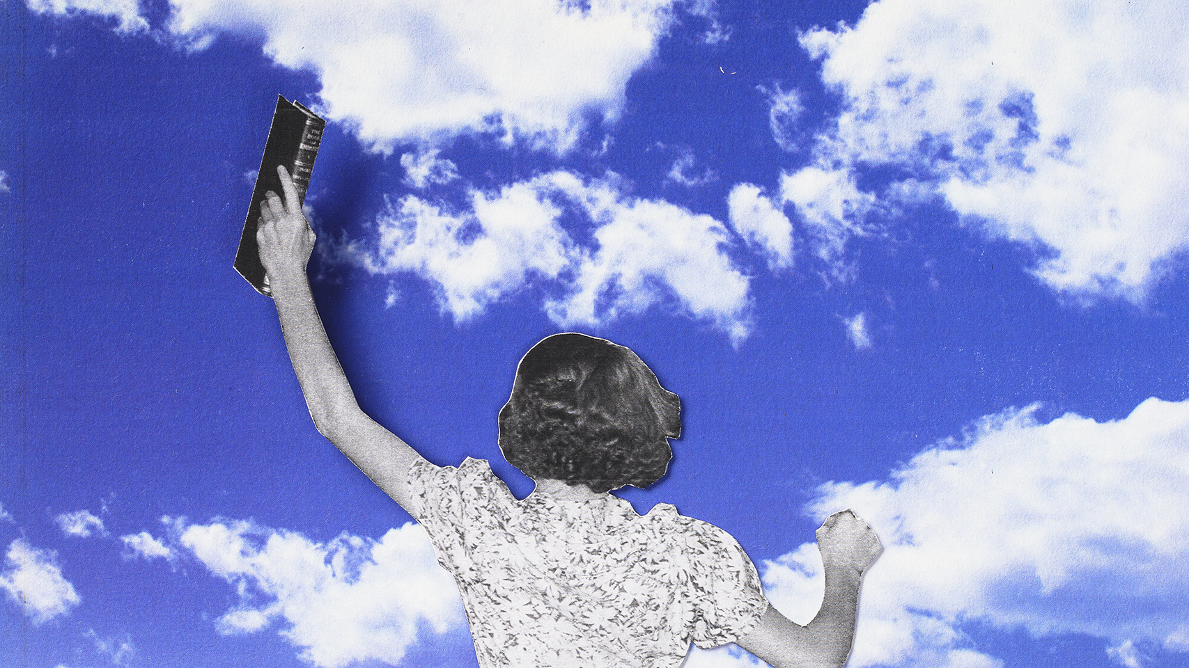 A figure holding a book, reaching up into a cloudy sky
