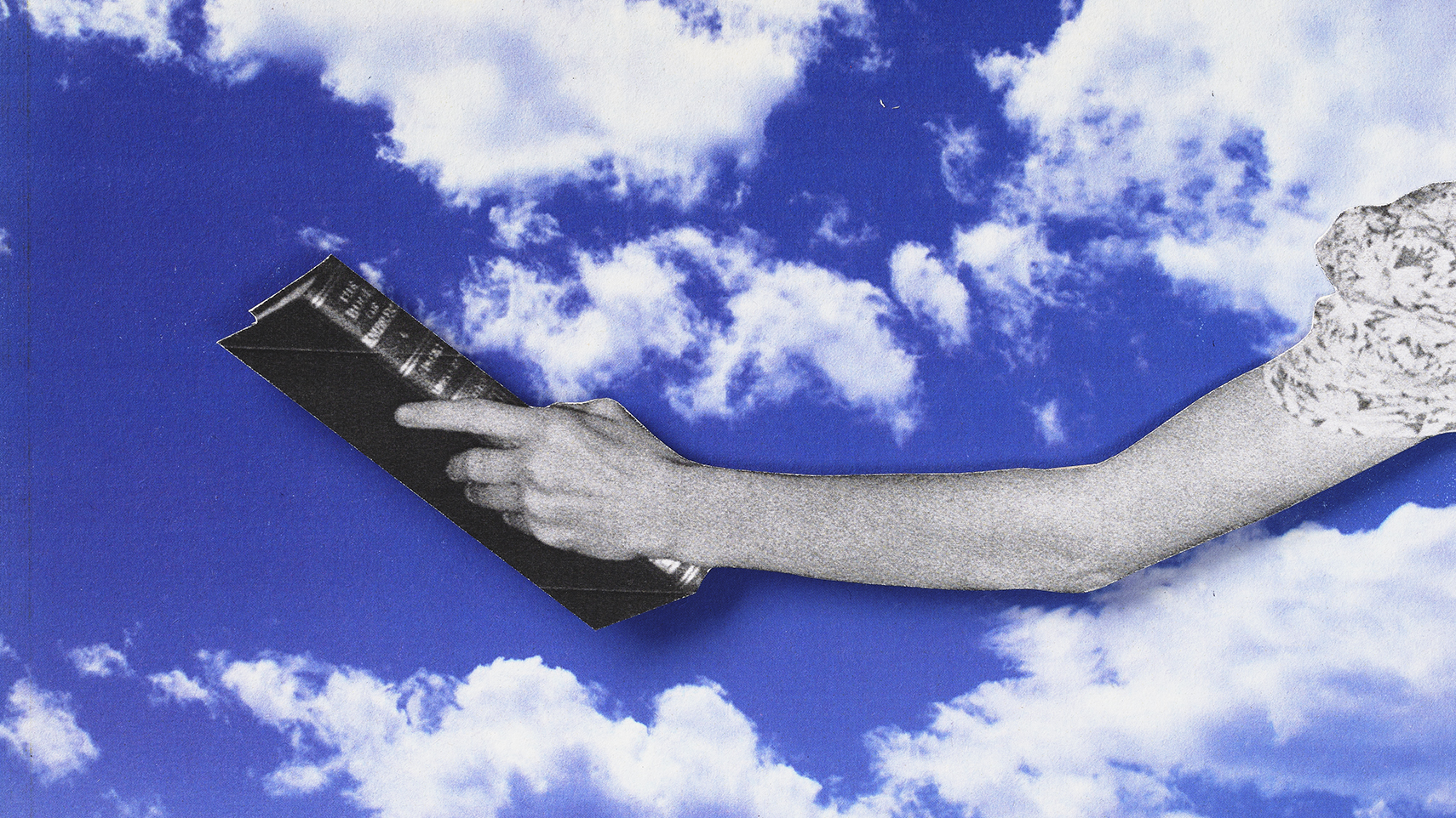 An arm holding a book, reaching into a cloudy sky