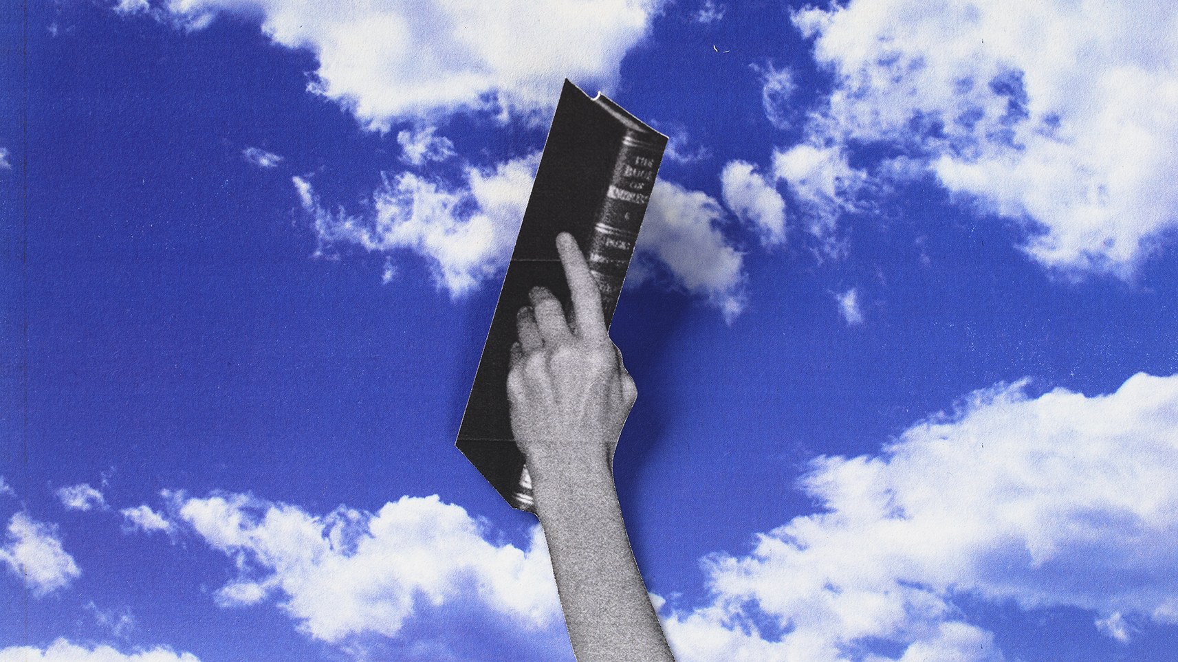 A hand holding a book, reaching up into a cloudy sky