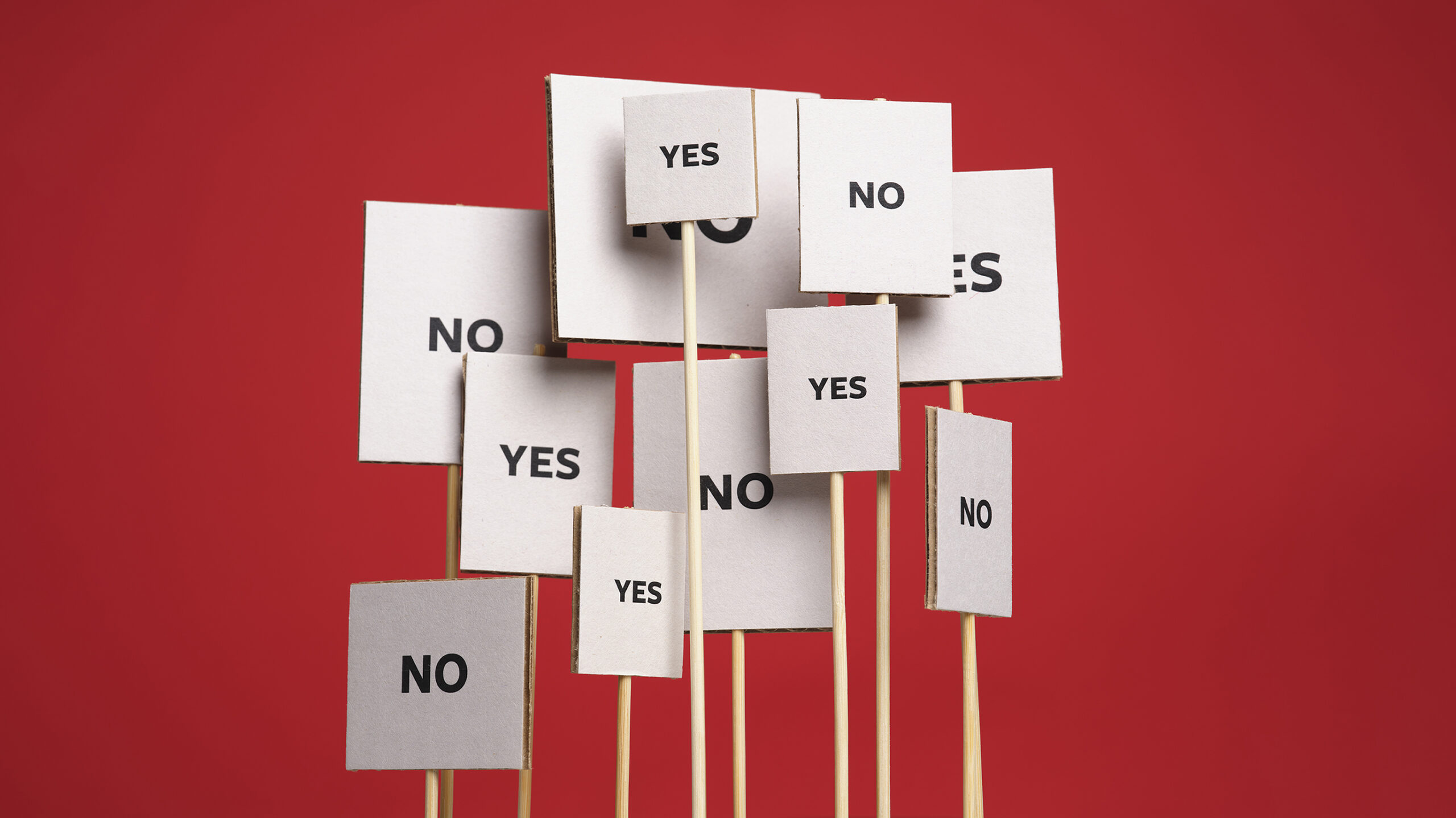 A crowd of placards with the words "Yes" and "No" on them, against a red background.